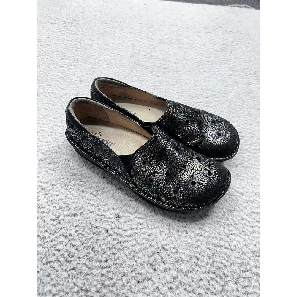Women's Alegria Black Leather Shimmery Circle Slip On Comfort Clogs Size 41